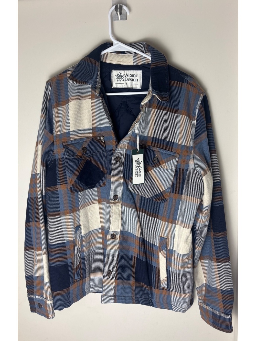Alpine Design Men S Quilted Plaid Shirt Jacket Blue Tan Organic Cotton NWT